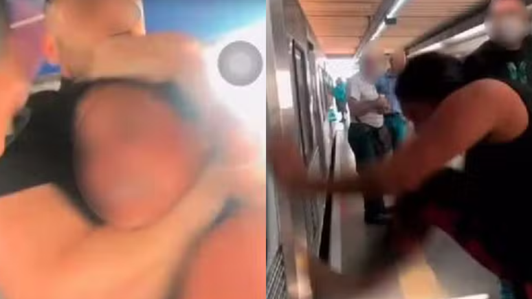 Segurança dá 'mata-leão' em passageira que tentou pular catraca no Metrô em SP; em meio à briga generalizada, a mulher chuta e danifica um vidro do vagão da Linha 1 Azul