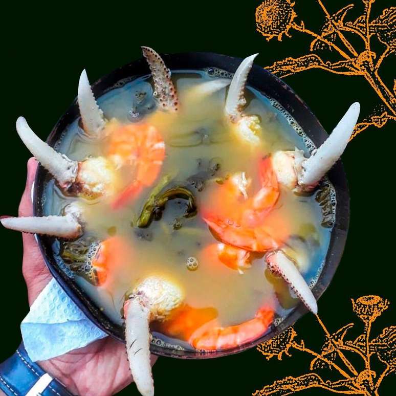 Criação de Diva, o tacaranguejo é o tacacá tradicional com unhas de caranguejo. Ela também criou o “vataçoba”, mistura de vatapá, maniçoba e arroz paraense.