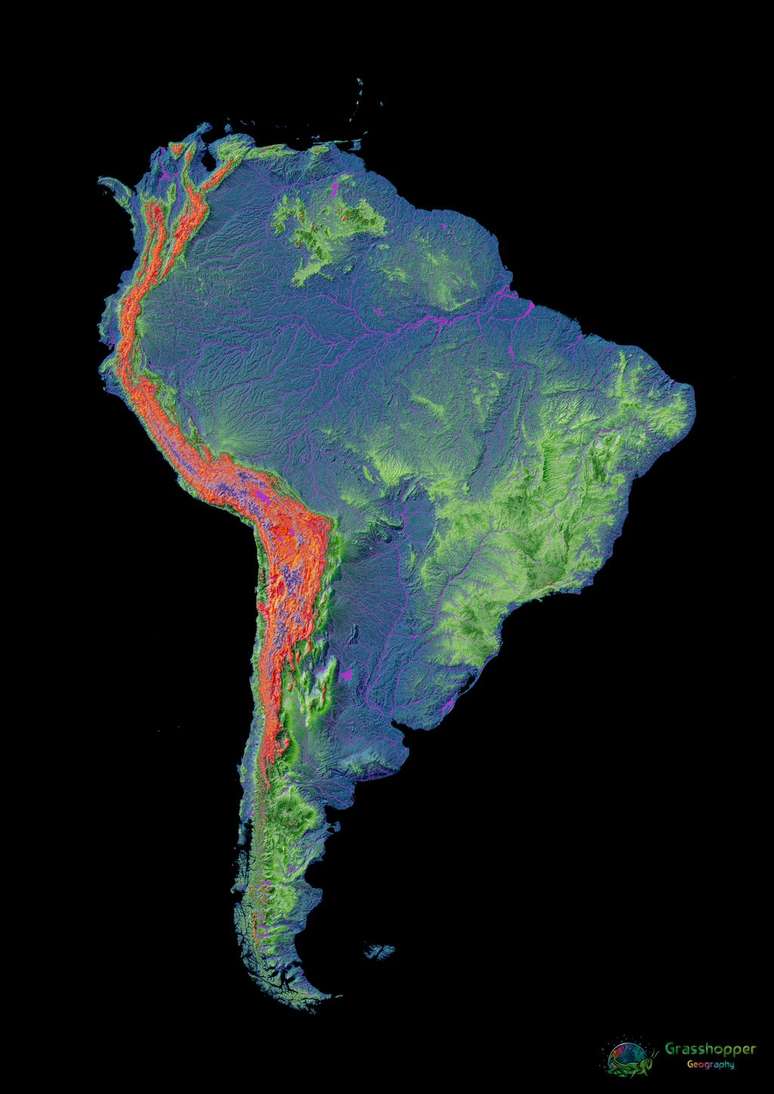 Mapa de elevação da América do Sul, com a cor ficando mais viva e quente à medida que o terreno é mais alto — destaque para a Cordilheira dos Andes e para o Pico da Neblina, no norte do Brasil (Imagem: Robert Szucs/www.grasshoppergeography.com)