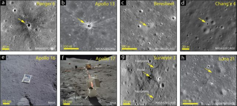 Itens e crateras deixados por humanos na Lua (Imagem: Reprodução/Holcomb et al.)