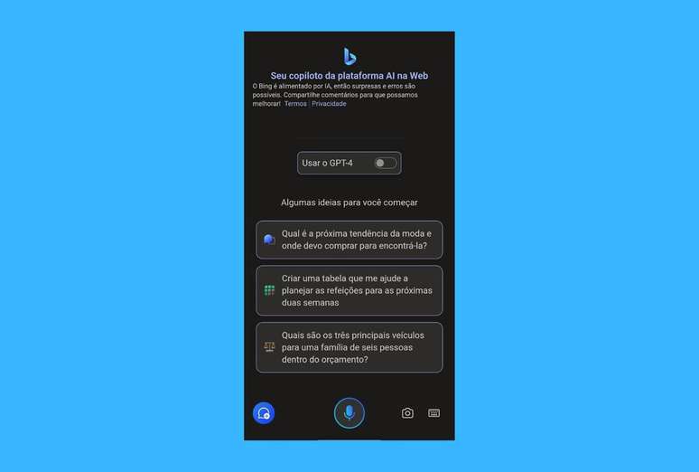 GPT-4 pode ser ativado no aplicativo do Bing (Imagem: Captura de tela/André Magalhães/Canaltech)