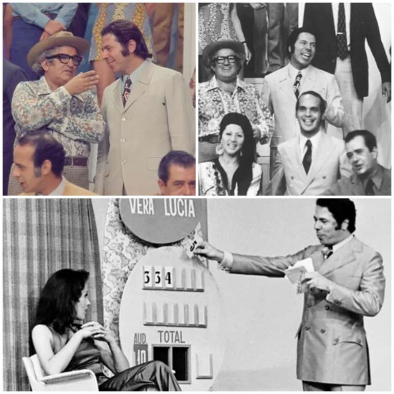 Acima, Silvio ao lado de Chacrinha em gravação de vinheta da Globo; abaixo, cena de sua atração dominicial