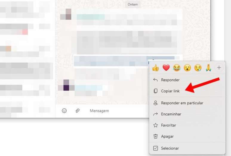 No computador, basta clicar com o botão direito e escolher a opção correspondente para copiar um link enviado pelo WhatsApp (Imagem: Captura de tela/Felipe Demartini/Canaltech)