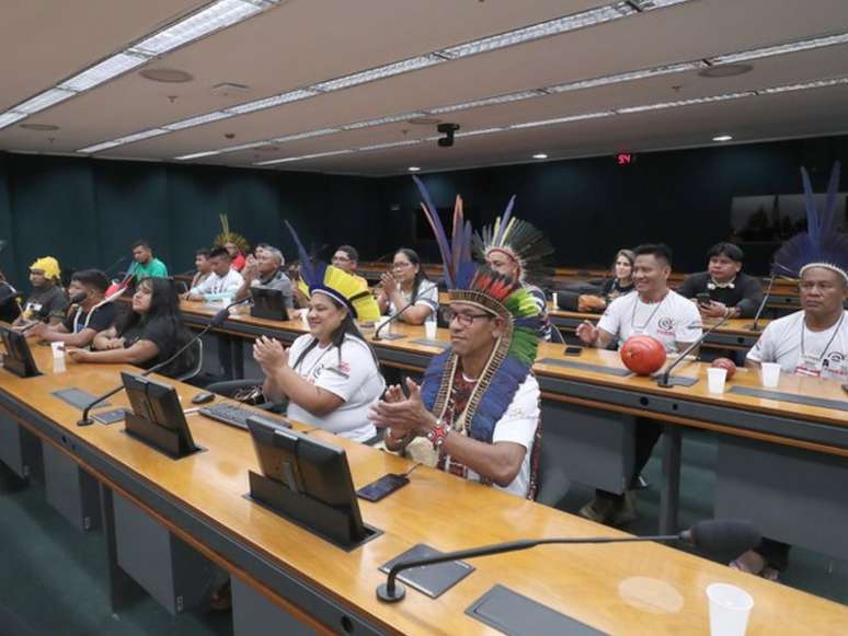 A imagem mostra pessoas indígenas da Comissão da Amazônia e dos Povos Originários e Tradicionais, em sessão da Câmara dos Deputados