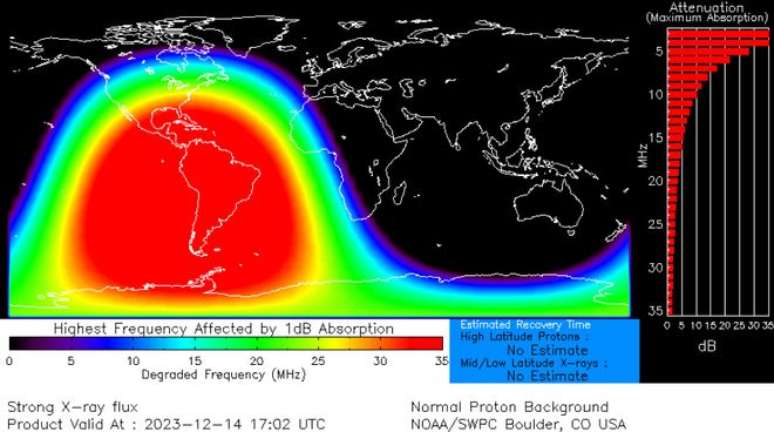 Mapa do apagão de rádio causado pela radiação liberada na erupção solar do dia 14 de dezembro (Imagem: Reprodução/NOAA/SWPC Boulder, CO USA)