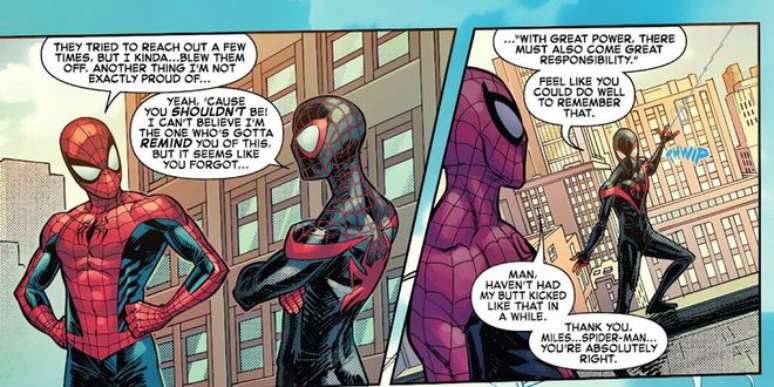 In the end, Peter agrees that he was an asshole and thanks him. Let's see if this starts to improve things... (Image: Reproduction/Marvel Comics) In the end, Peter agrees that he was an asshole and thanks him. Let's see if this starts to improve things... (Image: Reproduction/Marvel Comics)