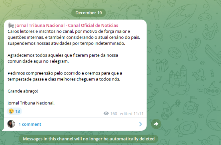 Mensagem publicada no canal Jornal Tribuna Nacional, no Telegram, avisa os leitores que o site suspenderá as atividades por tempo indeterminado