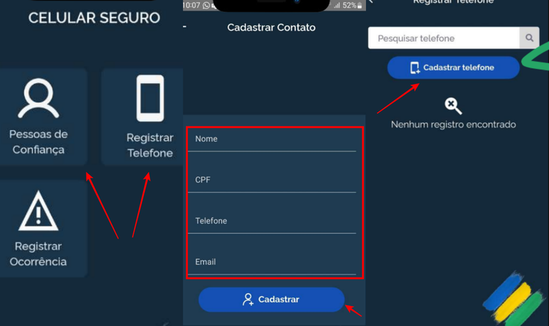 É necessário cadastrar seu aparelho e, se quiser, o dispositivo de uma pessoa de confiança para usar o app Celular Seguro (Imagem: Divulgação)