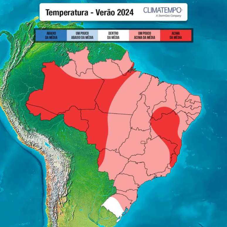 Expectativa de temperatura para o Brasil nos meses de ver&atilde;o, segundo a Climatempo.