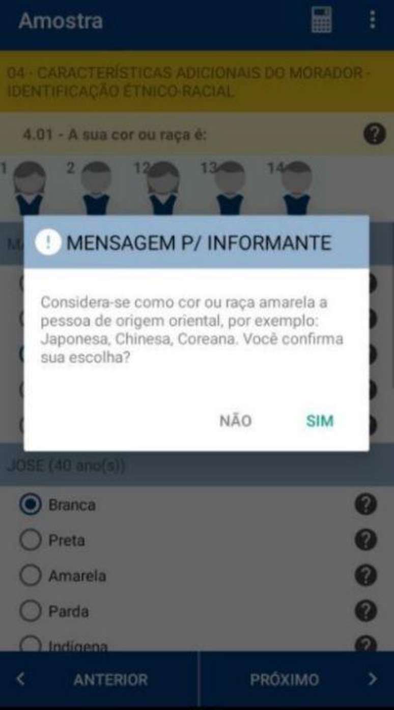 Mensagem lida pelos recenseadores às pessoas que declararam ser de cor ou raça amarela no Censo 2022