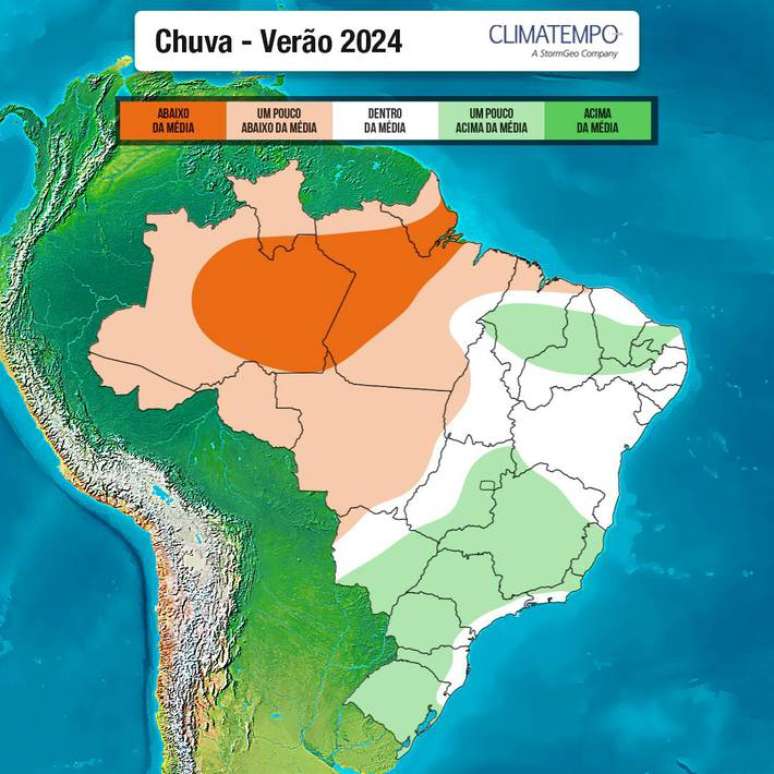 Expectativa de chuva para o Brasil nos meses de ver&atilde;o, segundo a Climatempo.