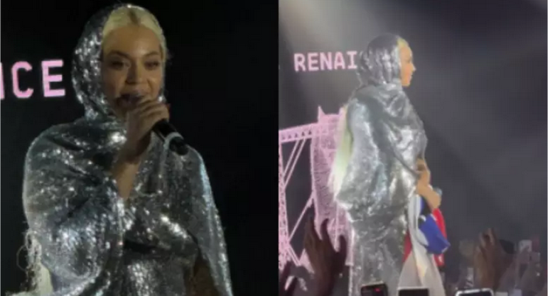 Beyoncé subiu ao palco vestindo uma roupa prateada e com uma bandeira da Bahia sobre os ombros