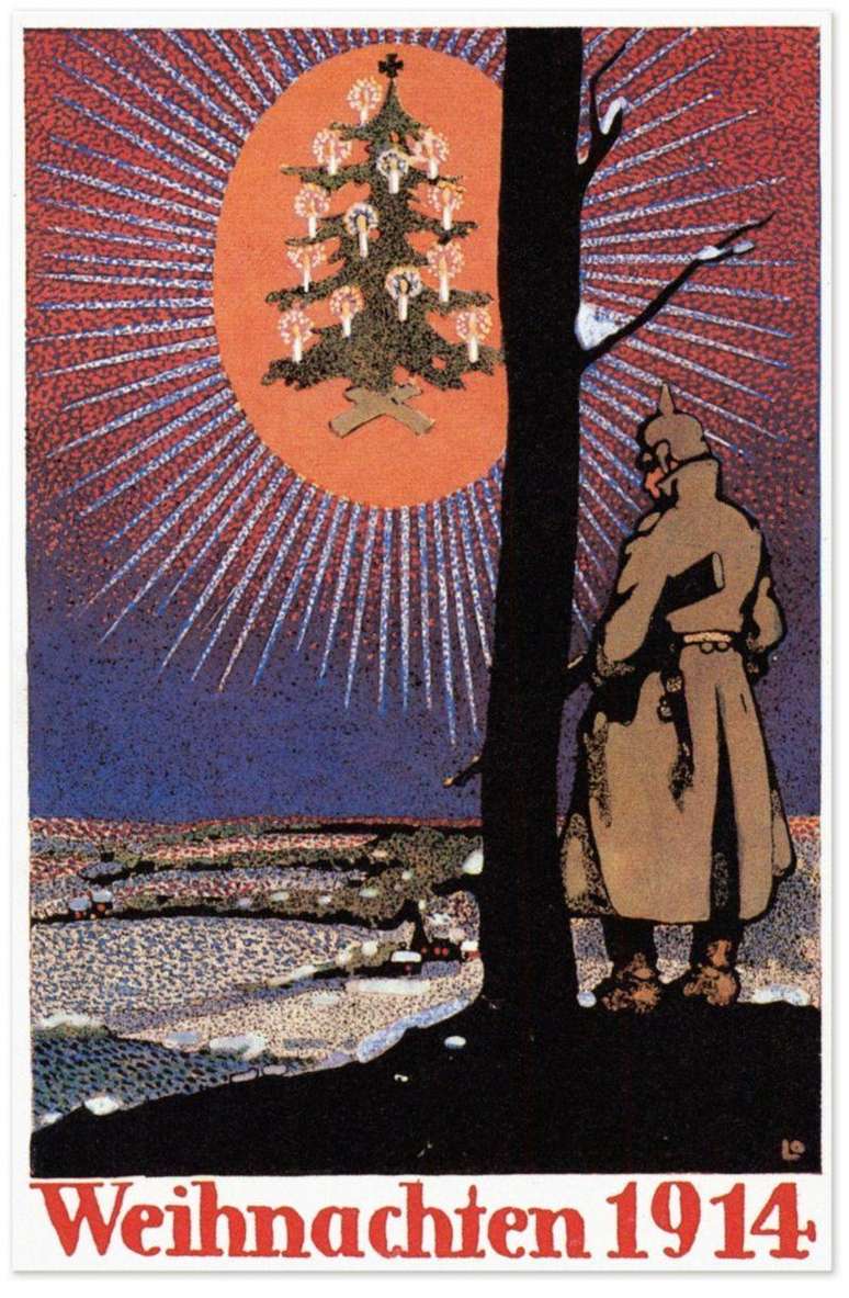 Um cartão de felicitações de Natal em alemão evocando cessação da luta em 1914