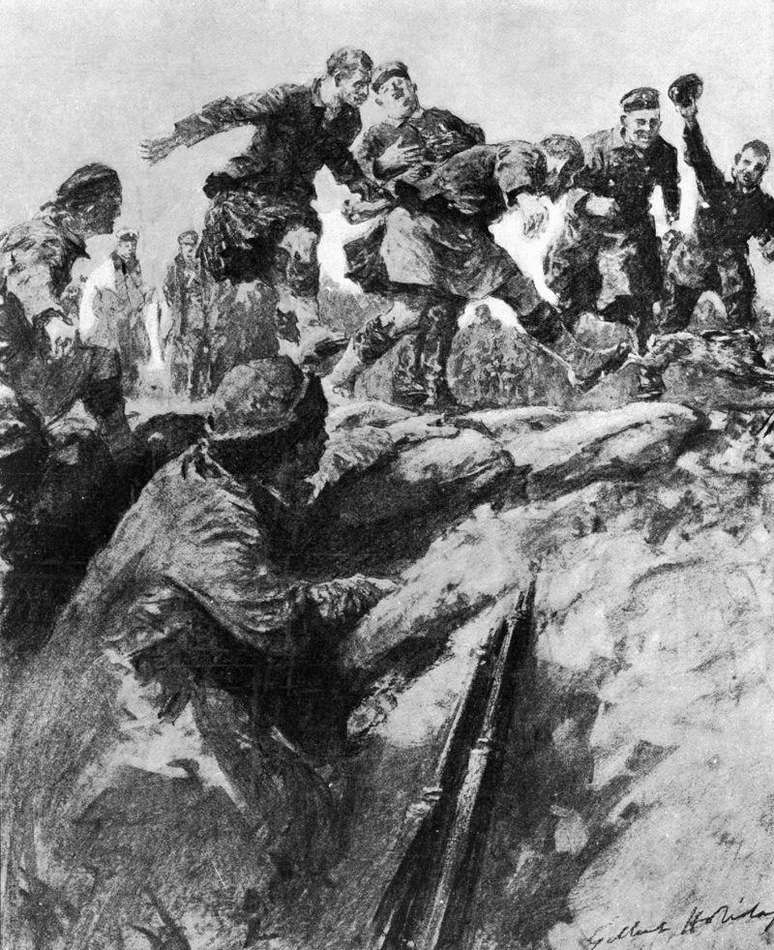 'Trégua de Natal nas Trincheiras' é o título desta ilustração do artista Gilbert Holliday; obra foi criada a partir de depoimento pessoal de soldado