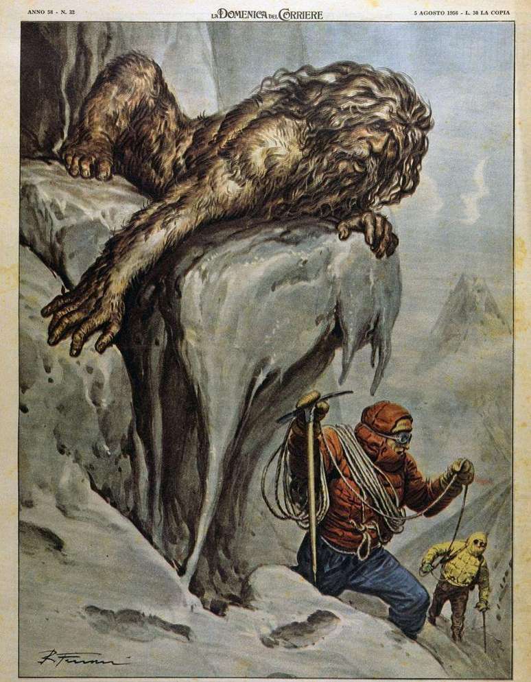 "Um geólogo italiano descobre um monstro fabuloso nos Andes que poderia ser o Yeti dos Andes, noticiou semanário La Domenica del Corrierre em 1956 (gravura de Rino Ferrari)