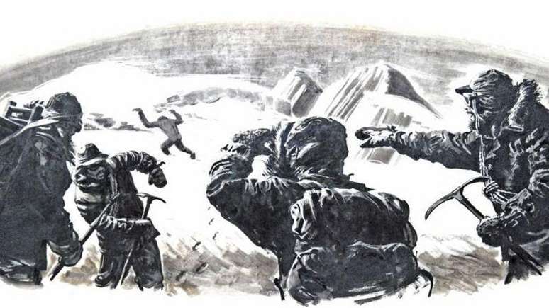 Alpinistas no Himalaia avistam abominável homem das neves ou Yeti à distância no Nepal, em um desenho de aproximadamente 1950