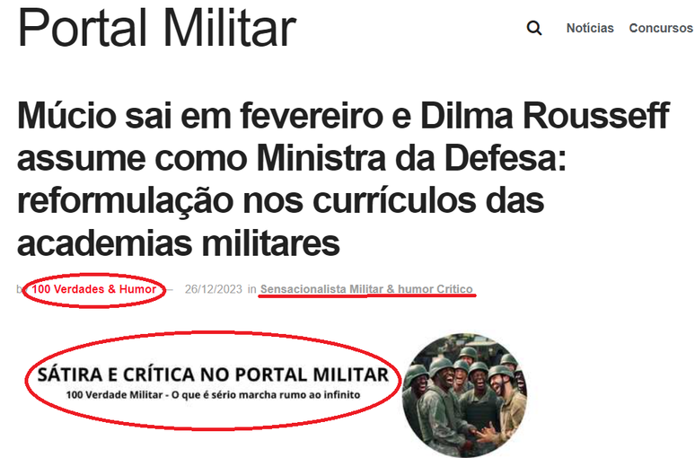 Imagem mostra a matéria original publicada pelo Portal Militar e destaca elementos que deixam claro se tratar de uma peça satírica