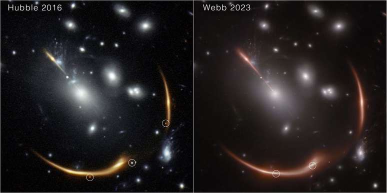 In each image, the same supernova is struck and highlighted in circles.  On the left, images of the supernova mass, observed by Hubble;  On the left, the Encore supernova, discovered by James Webb.  More repeat images of both will arrive by 2035 (Photo: Reproduction/NASA/ESA/STScI/Steve A. Rodney/Gabriel Brammer/Justin Pierel/Andrew Newman)