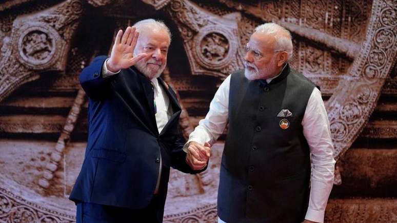 Lula com o premi&ecirc; indiano Narendra Modi, anfitri&atilde;o da c&uacute;pula 2023 do G20