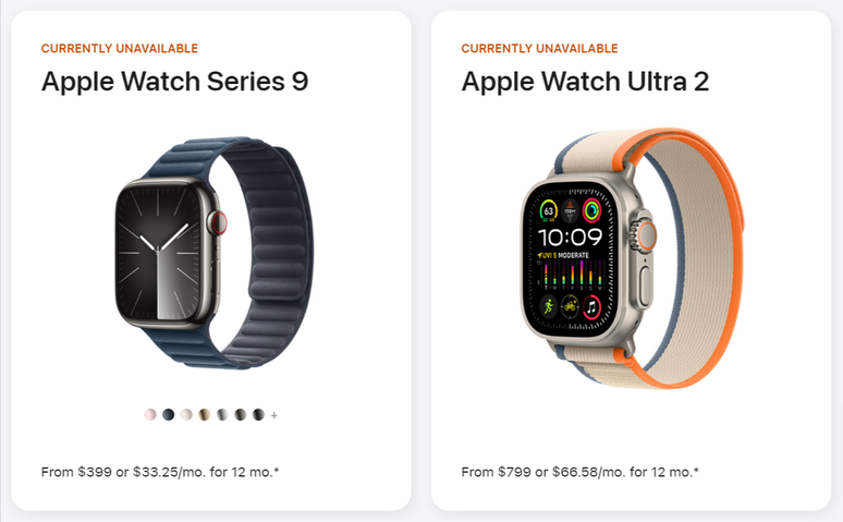 Relógios ainda aparecem como "indisponíveis" na loja da Apple dos EUA (Imagem: Captura de tela/Apple Store)