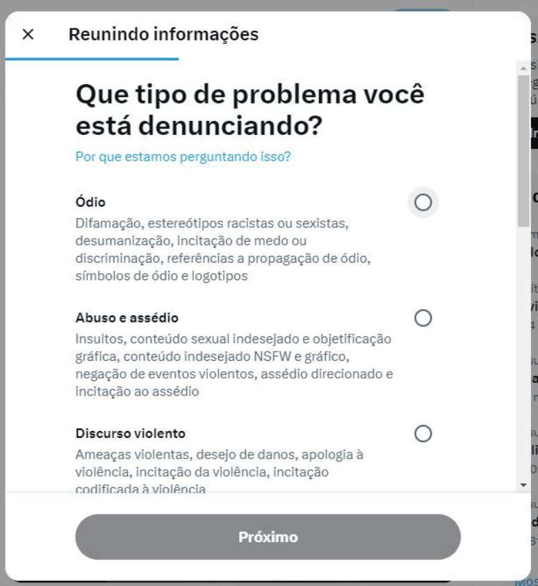 O X tem lista extensa de motivos pelos quais um post pode ser denunciado, mas as fake news não são um deles (Imagem: Captura de tela/Felipe Demartini/Canaltech)