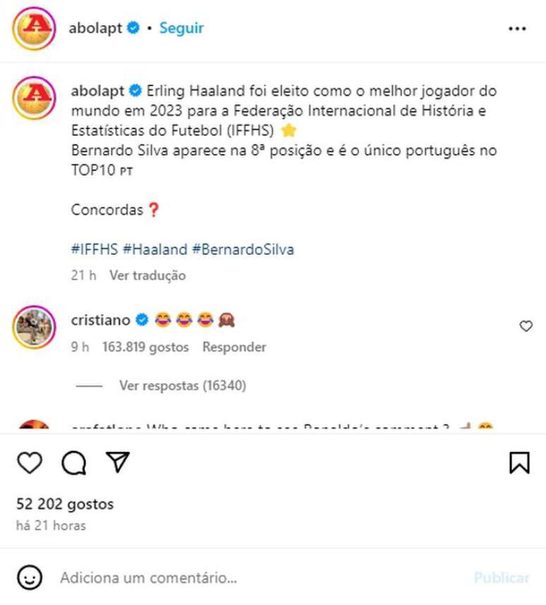 Astro português usou emojis de risada para ironizar resultado da premiação