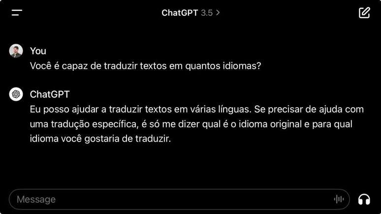 O ChatGPT é capaz de traduzir textos em diversos idiomas, embora não informe quais e quantos são (Imagem: Captura de tela/Fabrício Calixto/Canaltech)
