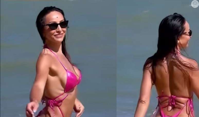 Sabrina Sato runs on the beach, shows off her butt in a low-cut pink bikini and leaves fans drooling.  Look at the pictures!