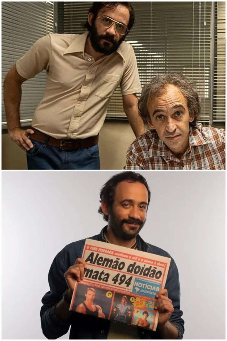 Bertazzo como Carlos Afonso ao lado de Julio Andrade (Betinho) e na pele de Luna da s&eacute;rie sobre o Not&iacute;cias Populares