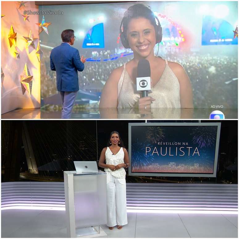 Acima, Hélter diante da imagem 'lavada' do telão; abaixo, Mariana Aldano na transmissão que só os telespectadores de SP assistiram