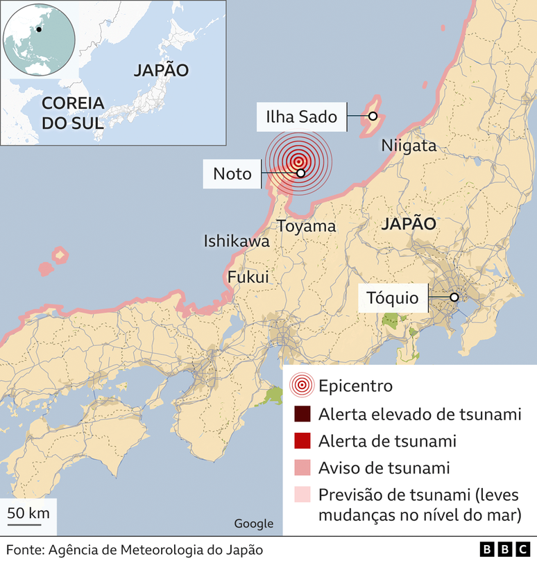Mapa do terremoto no Japão