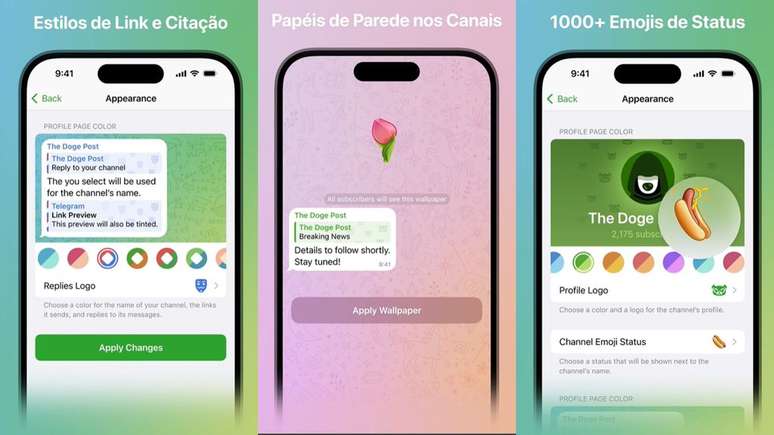 Novas opções de personalização da aparência dos canais do Telegram (Imagem: Divulgação/Telegram)