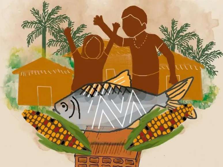 Imagem mostra dois indígenas ilustrados celebrando os alimentos presentes à sua frente: peixe e milho. No fundo, o desenho mostra algumas casas e árvores.
