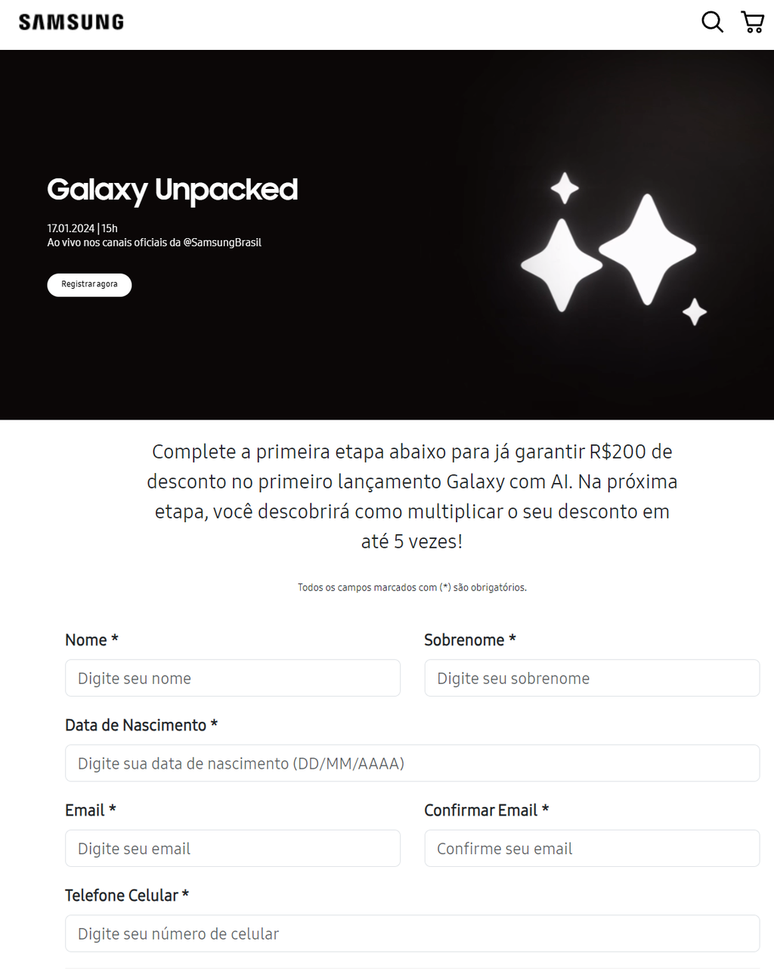 Linha Galaxy S24 terá descontos de até R$ 1.000 (Imagem: Captura de tela/Samsung)