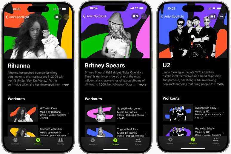 Apple Fitness+ terá treinos com músicas da Rihanna, Britney Spears e U2 (Imagem: Divulgação/Apple)