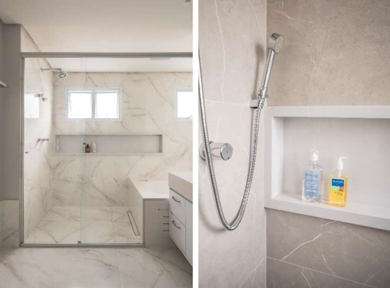 The large open niche in the wall offers convenience for accessing personal hygiene products during the shower.  PB Architecture project