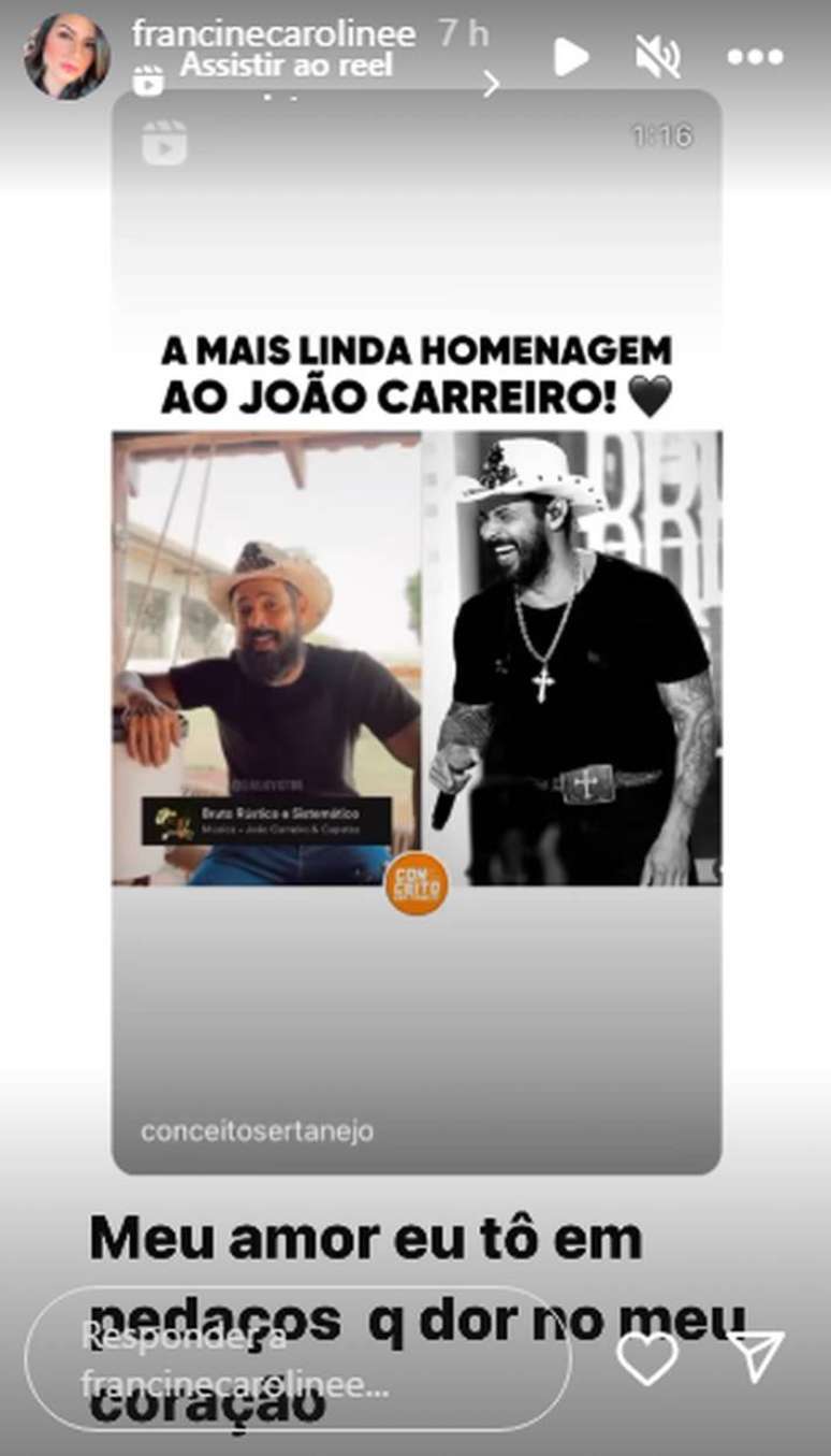 Francine Caroline, viúva de João Carreiro, fala de luto após morte do sertanejo.