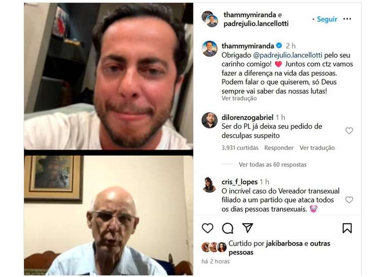 Thammy Miranda e padre Júlio Lancellotti aparecem juntos após vereador recuar de apoio para criação de CPI