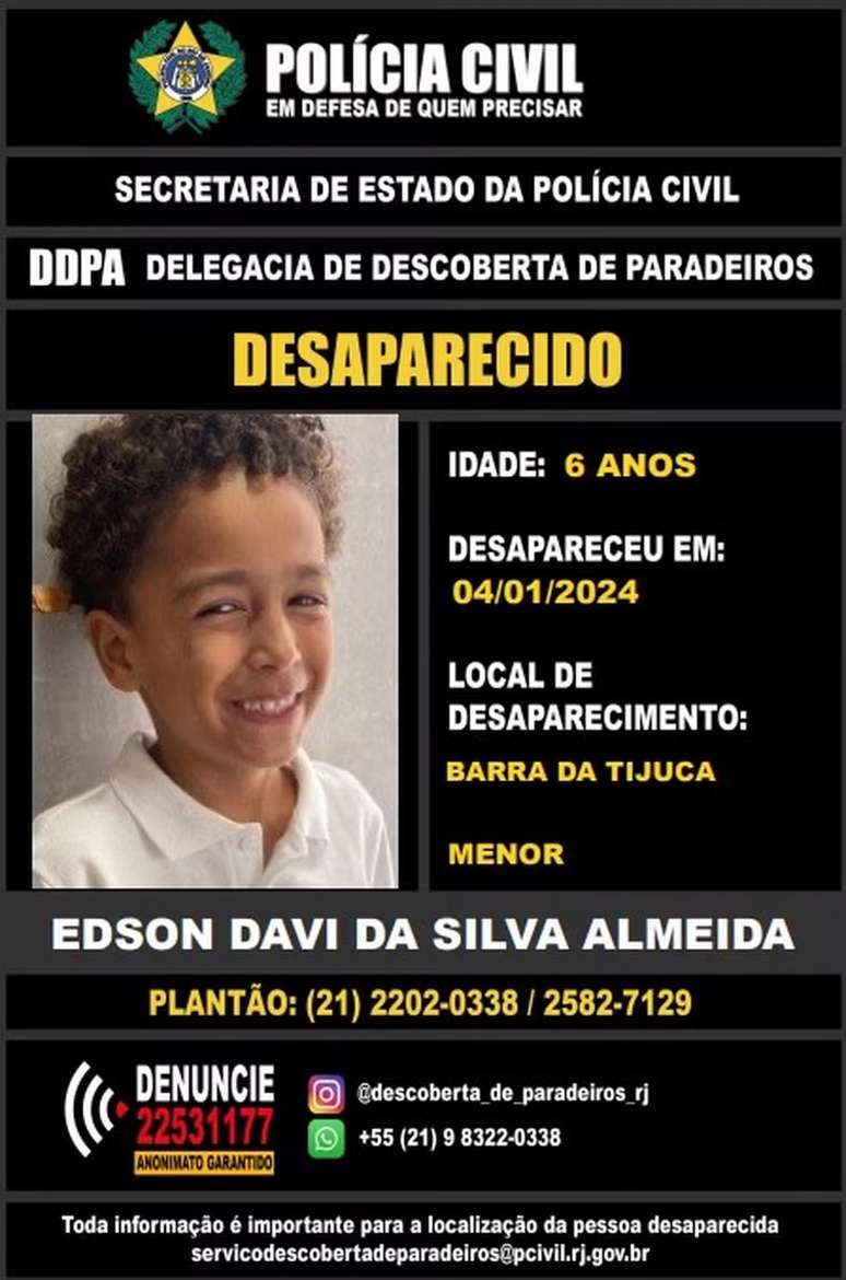 Édson Davi Silva Almeida, de 6 anos, foi visto pela última vez brincando com crianças