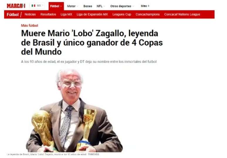 "Morre Mario Lobo Zagallo, lenda do Brasil e &uacute;nico ganhador de 4 Copa do Mundo"