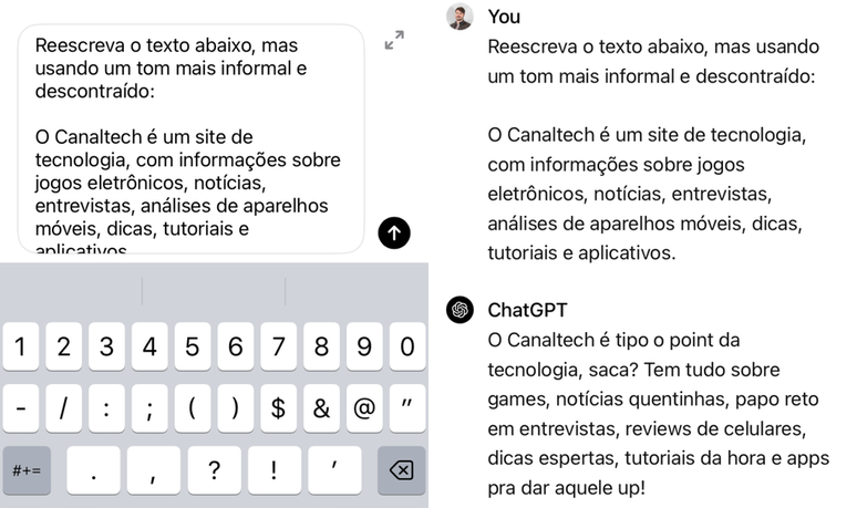 Você pode pedir para o ChatGPT reescrever um texto adotando outro tom (Imagem: Captura de tela/Fabrício Calixto/Canaltech)