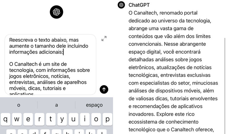 É possível reestruturar um texto no ChatGPT alterando o seu tamanho (Imagem: Captura de tela/Fabrício Calixto/Canaltech)