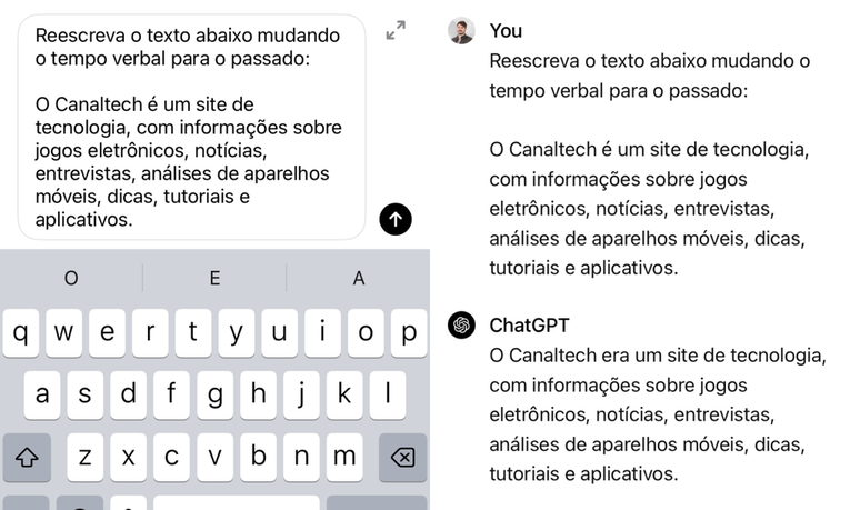 O ChatGPT pode reestruturar um texto mudando seu tempo verbal (Imagem: Captura de tela/Fabrício Calixto/Canaltech)