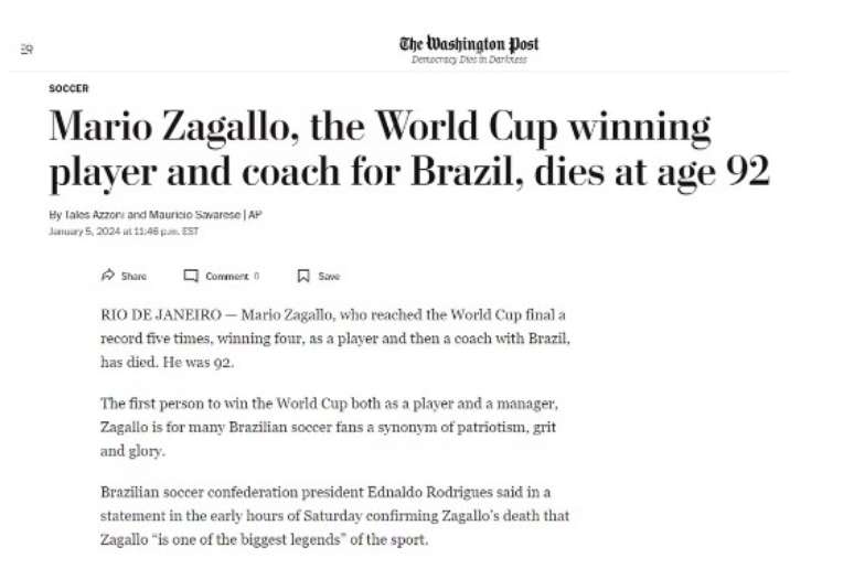 "Mario Zagallo, vencedor da Copa do Mundo como jogador e t&eacute;cnico pelo Brasil, morre aos 92 anos"