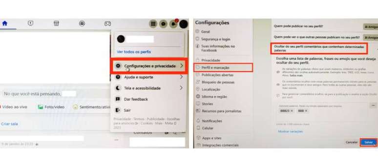 Para silenciar palavras no Facebook, basta acessar "Configura&ccedil;&otilde;es e privacidade".