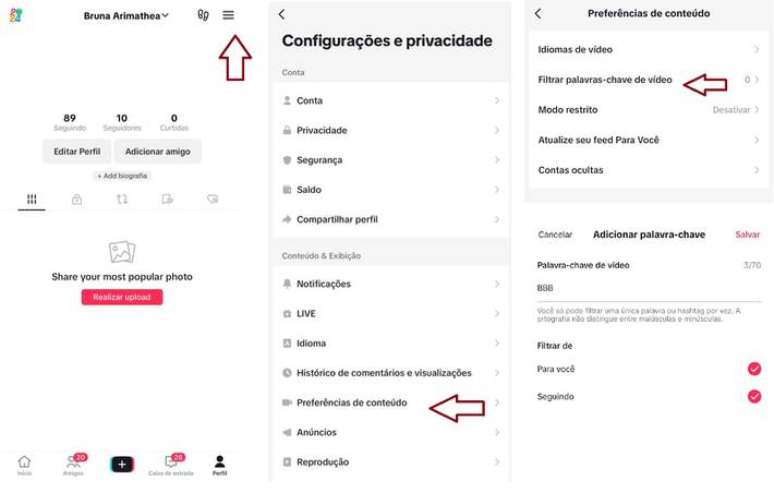 No app do TikTok, &eacute; poss&iacute;vel silenciar termos para que n&atilde;o apare&ccedil;am v&iacute;deos relacionados a eles.