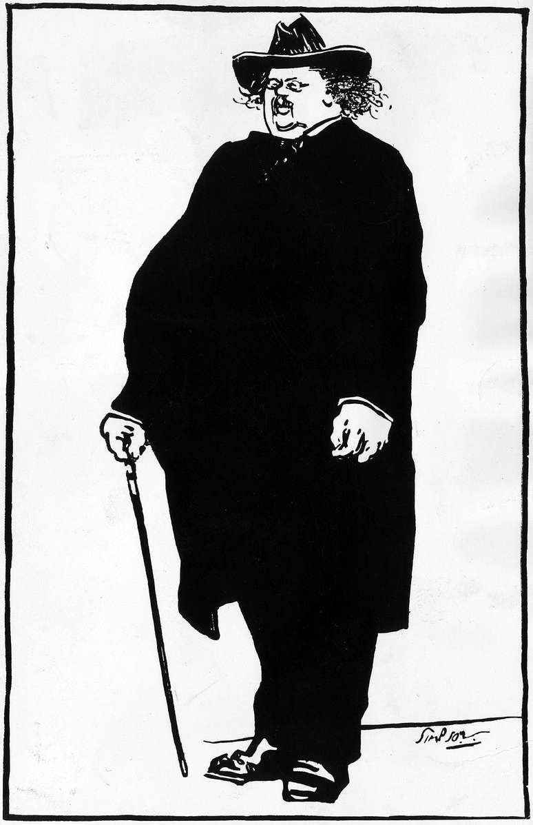 Chesterton com seu traje habitual de chap&eacute;u de abas largas, capa e pincen&ecirc;. Arte foi feita por Joseph Simpson