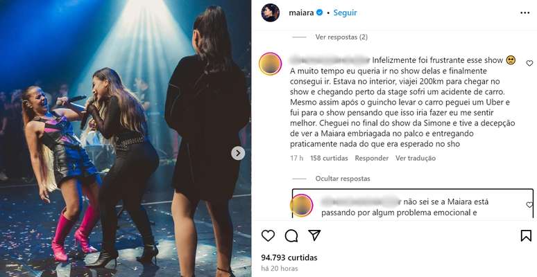 Um dos fãs que comentou sobre apresentação de Maiara