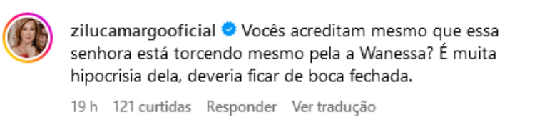 Comentário deixado por Zilú em uma página de fofoca