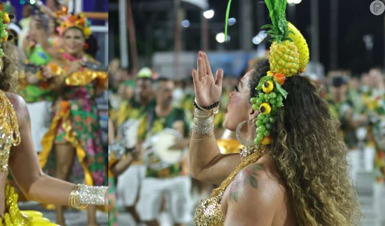 Fabiola Andrade deixou o bumbum à mostra em ensaio técnico da Mocidade para o carnaval 2024 em 7 de janeiro de 2024.